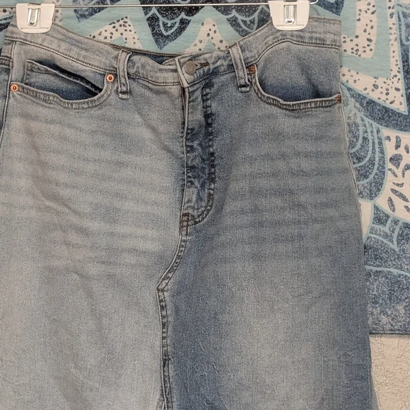 Two-Tone Light Denim Maxi Skirt 14 Slit Raw Hem Boho Indie Sleaze Pockets - Picture 5 of 8